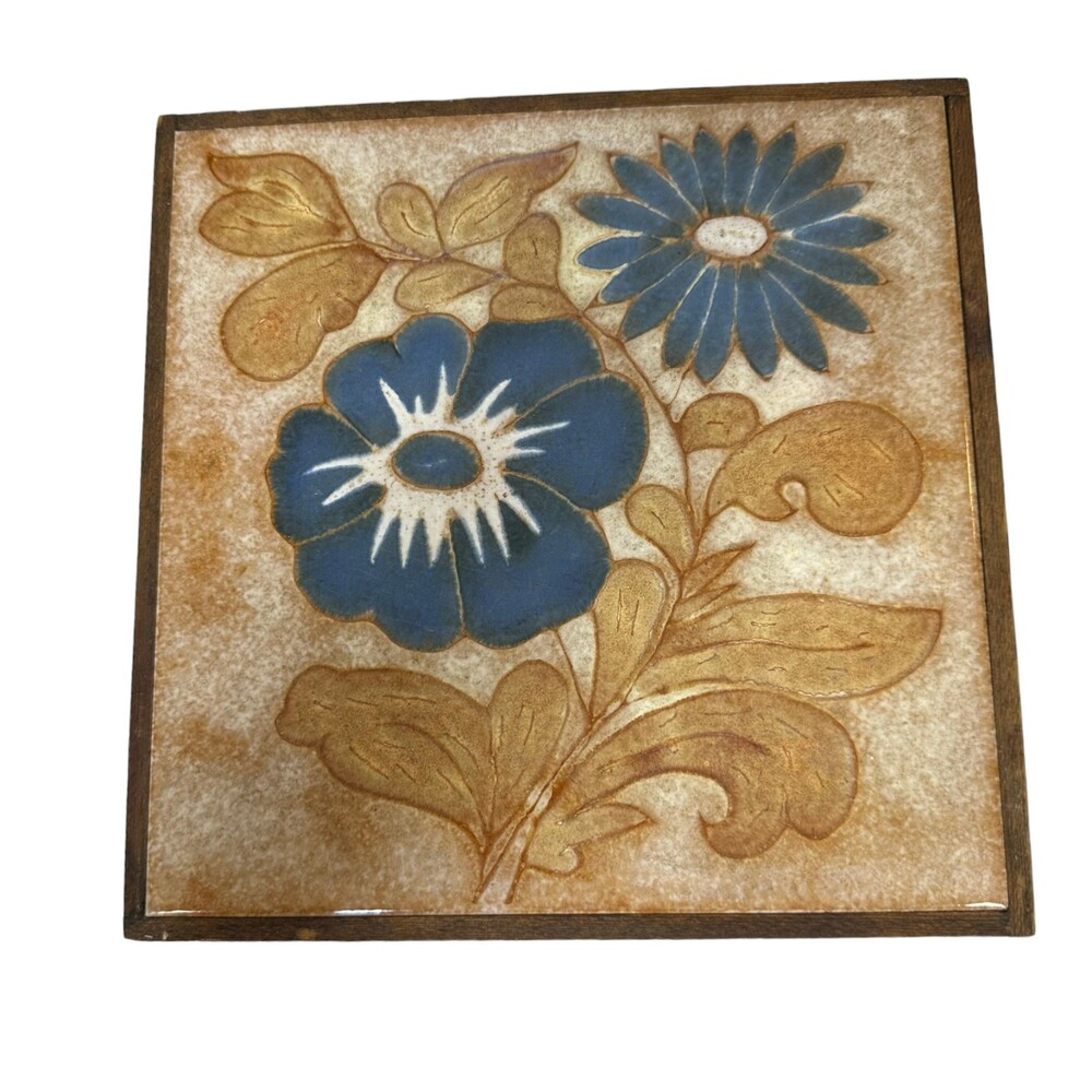 Vintage MCM Mid Century Blue Floral Stone Wood Trivet Wall Art